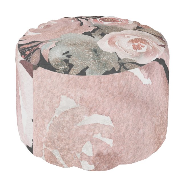 Pink Rose Glitter Roses Dark Floral Glam Elegant Pouf