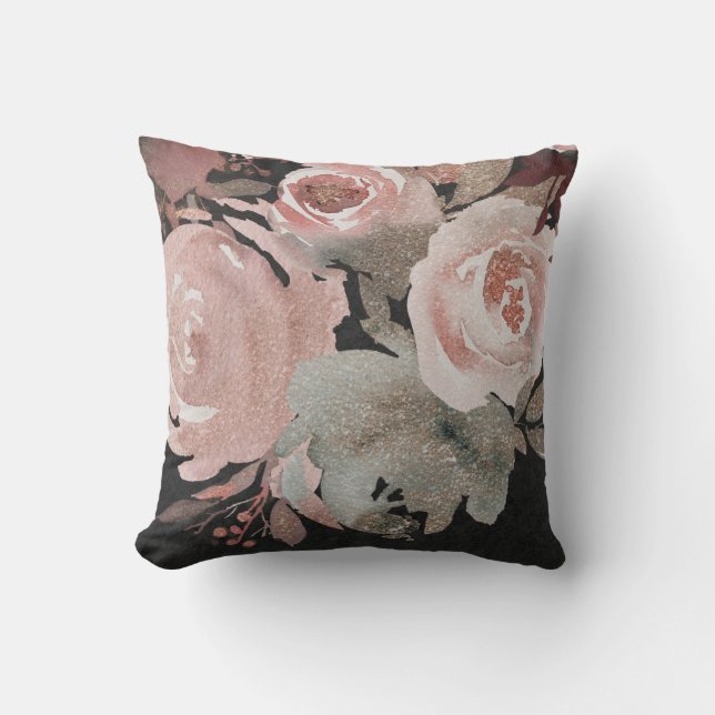 Pink Rose Glitter Roses Dark Floral Glam Elegant Throw Pillow (Front)
