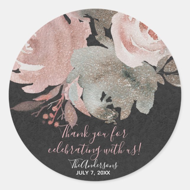 Pink Rose Glitter Roses Dark Floral Glam Favor Classic Round Sticker (Front)