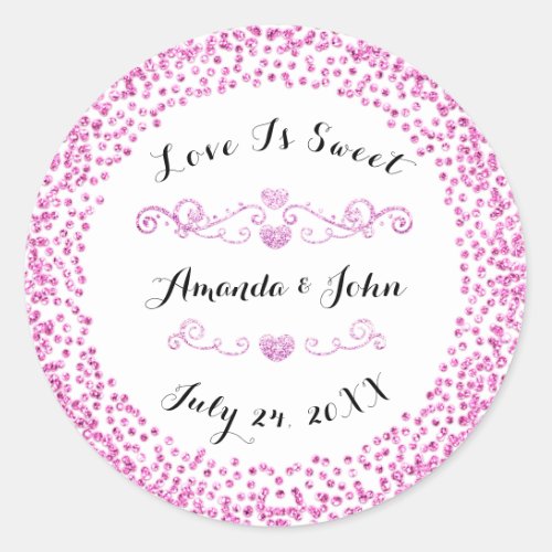 Pink Rose Glitter Save the Date Love is Sweet Classic Round Sticker