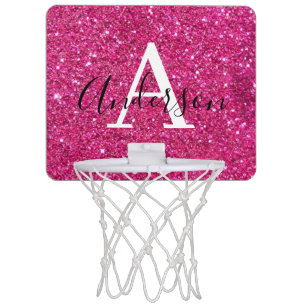 Pink Rose Glitter & Sparkle Monogram Name Mini Basketball Hoop