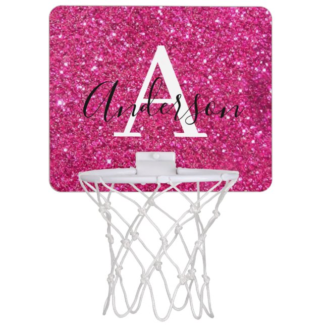 Pink Rose Glitter & Sparkle Monogram Name Mini Basketball Hoop (Front)