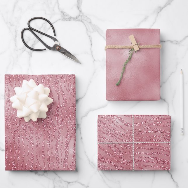 Pink Rose Glitter Zebra Animal     Wrapping Paper Sheets (Front)