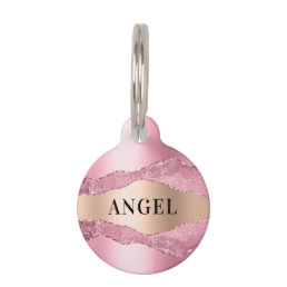 Pink rose gold agate marble name pet ID tag