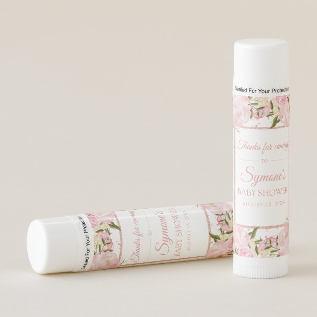Pink Rose Gold and Peony Baby Shower Favor Lip Balm (Front)