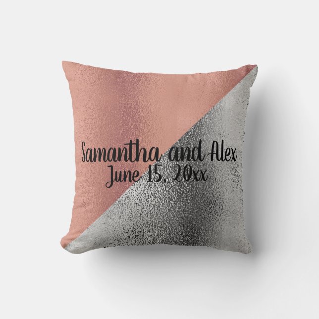 Pink Rose Gold and Silver Metallic Wedding Date Throw Pillow (Front)