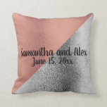 Pink Rose Gold and Silver Metallic Wedding Date Throw Pillow<br><div class="desc">Personalized pink / rose gold and silver names and wedding date decorator pillow</div>