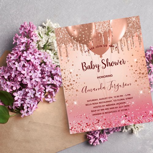 Pink rose gold balloons baby shower invitation