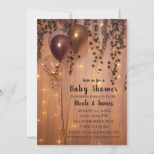 Pink Rose Gold Balloons Lights Ivy Baby Shower Invitation