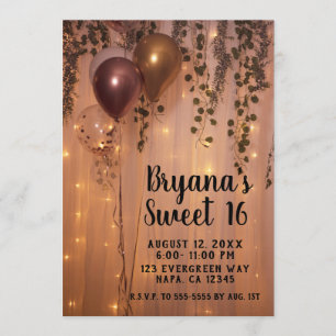 Pink Rose Gold Balloons Lights Rustic Ivy Sweet 16 Invitation