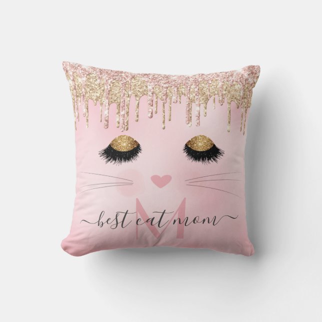 Pink rose gold best cat mom monogram throw pillow (Front)