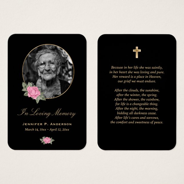 Pink Rose Gold Black Floral Memorial Cards (Front & Back)