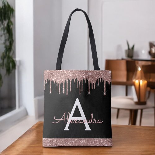 Pink Rose Gold Black Glitter Elegant Monogram Tote Bag