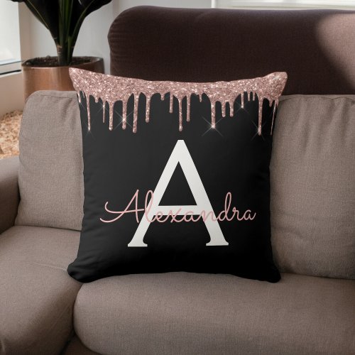 Pink Rose Gold Black Glitter Monogram Name Throw Pillow