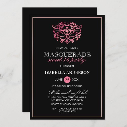 Pink Rose Gold  Black Masquerade Sweet 16 Party Invitation