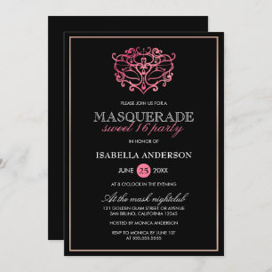 Pink, Rose Gold & Black Masquerade Sweet 16 Party Invitation