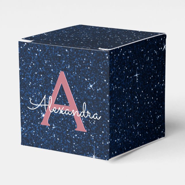 Pink Rose Gold & Blue Sparkle Glitter Monogram Favor Boxes (Front Side)