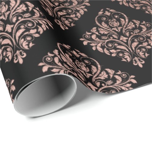 Pink Rose Gold Blush Damask Floral Ornament Black Wrapping Paper