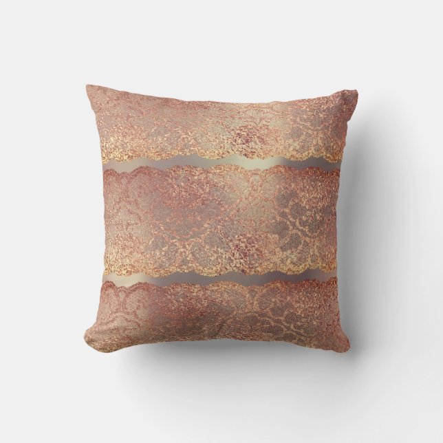 Pink Rose Gold Blush Floral Lace Pearly Pillow (Front)