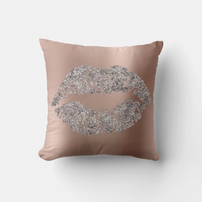 Pink Rose Gold Blush Glitter Kiss Gray Metallic Throw Pillow (Front)