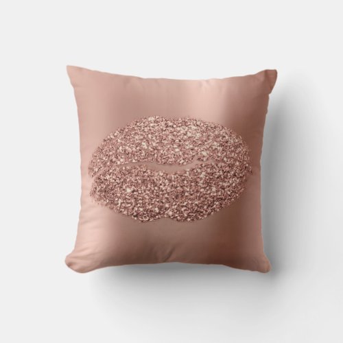 Pink Rose Gold Blush Glitter Kiss Lips  Metallic Throw Pillow