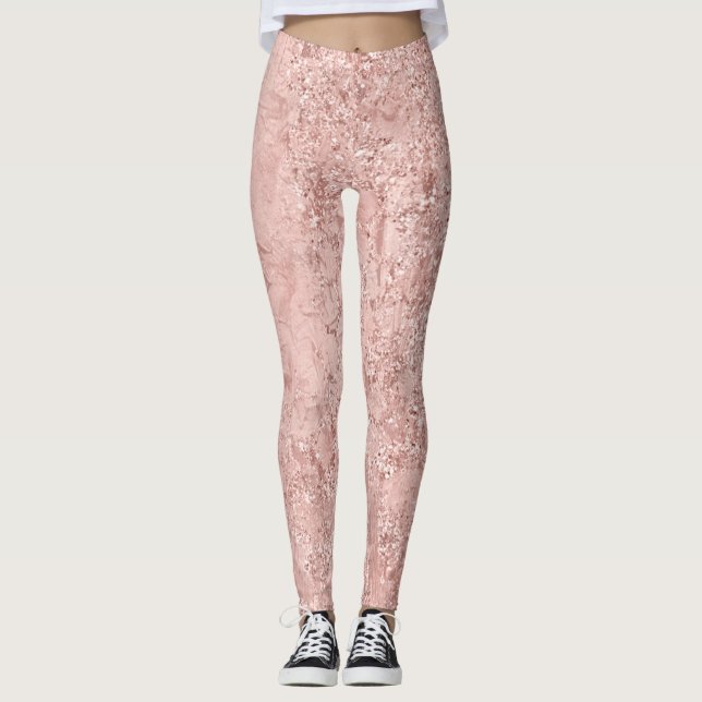 Pink Rose Gold Blush Glitter Shiny Glass Metallic Leggings (Front)