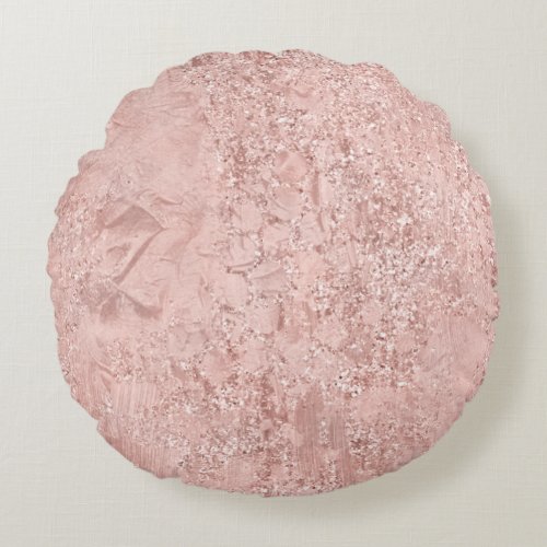 Pink Rose Gold Blush Glitter Shiny Glass Metallic Round Pillow