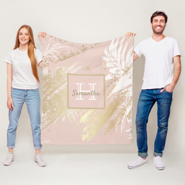 Pink rose gold blush leaves foliage monogram fleece blanket (In Situ)