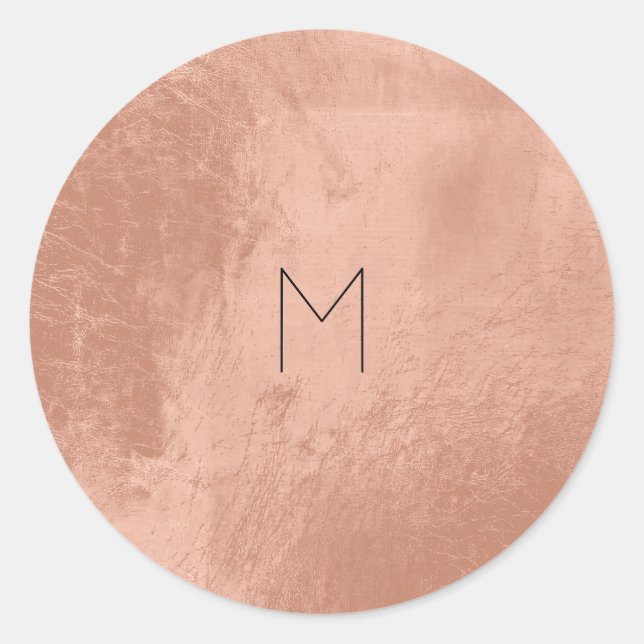 Pink Rose Gold Blush Metallic Copper Monogram Classic Round Sticker (Front)