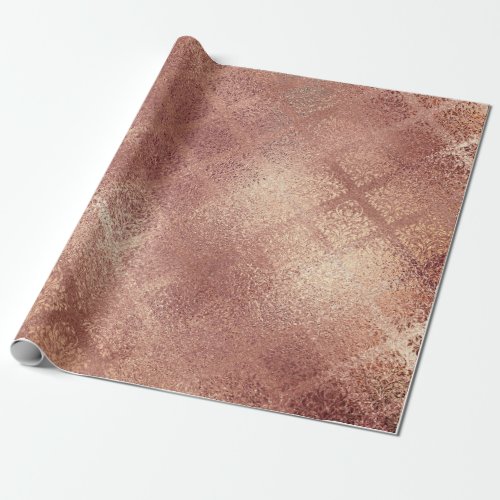 Pink Rose Gold Blush Peach Shiny Glass Damask Wrapping Paper