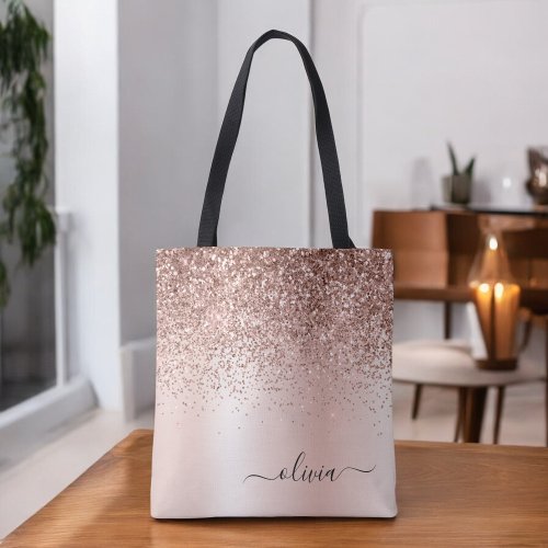 Pink Rose Gold Blush Pink Glitter Elegant Monogram Tote Bag