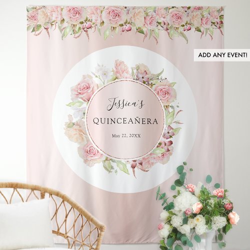 Pink Rose Gold Blush Quinceaera Photo Backdrop 