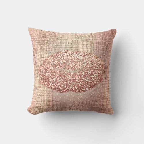 Pink Rose Gold Blush Sequin Kiss Lips Copper Throw Pillow
