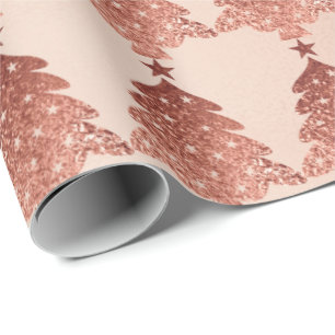 Pink Rose Gold Blush Skinny Christmas Tree Stars Wrapping Paper