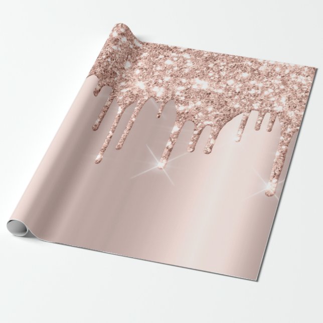 Pink Rose Gold Blush Spark Powder Drips Glitter Wrapping Paper (Unrolled)