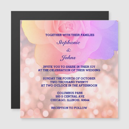 Pink Rose Gold Bokeh Navy Blue Floral Glitter Magnetic Invitation