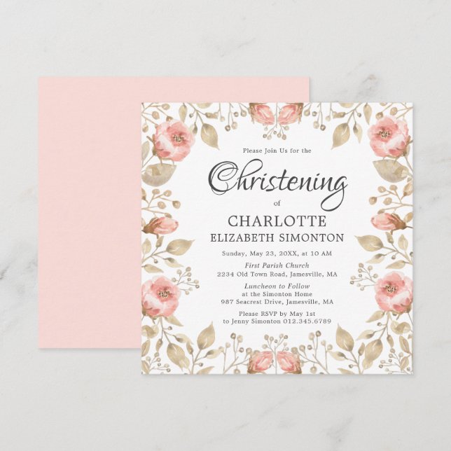 Pink Rose Gold Botanical Christening Invitation (Front/Back)