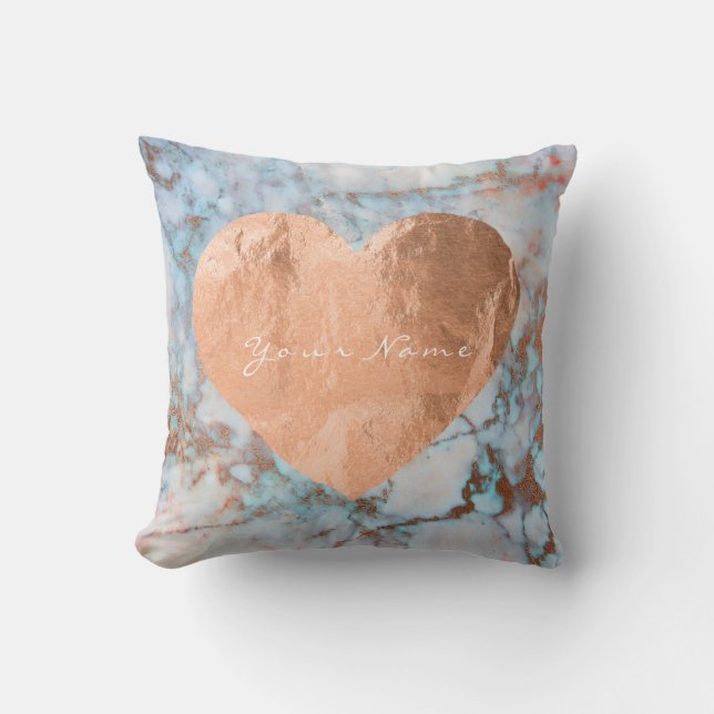 Pink Rose Gold Brush Heart Blue Ocean Marble Throw Pillow (Front)