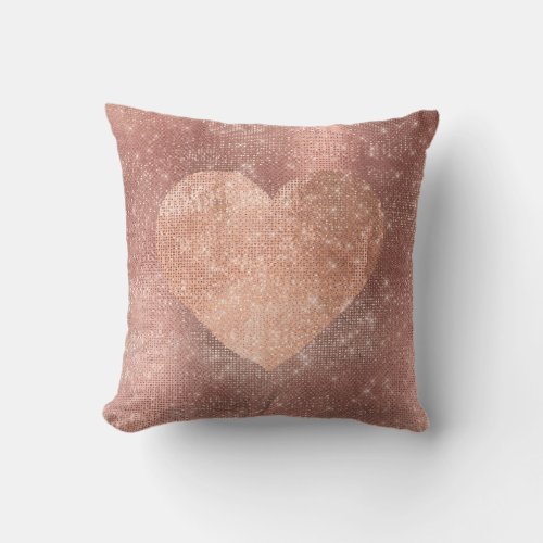 Pink Rose Gold Brush Heart Sequin Sparkly Blush Throw Pillow