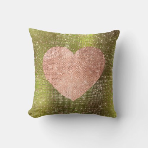 Pink Rose Gold Brush Heart Sequin Sparkly Green Throw Pillow