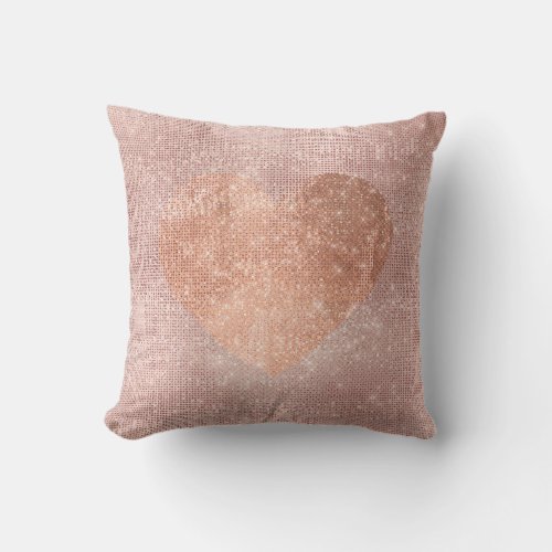 Pink Rose Gold Brush Heart Sequin Sparkly Throw Pillow