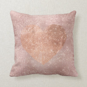 Pink Rose Gold Brush Heart Sequin Sparkly Throw Pillow