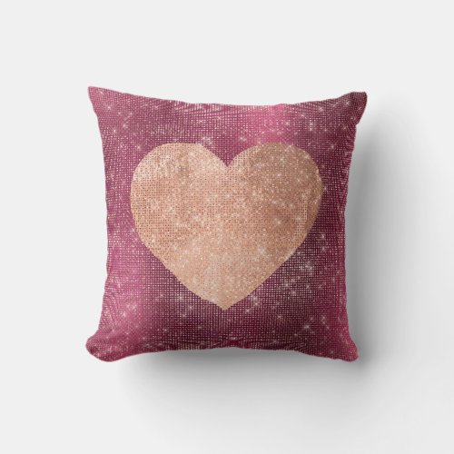 Pink Rose Gold Brush Heart Sequin Sparkly Throw Pillow