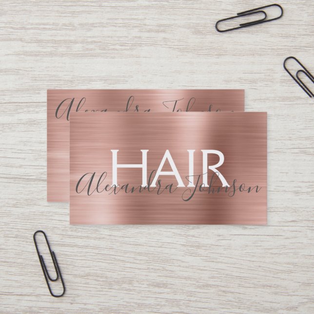 Pink & Rose Gold Brushed Metal Foil Hair Salon Business Card (Front/Back In Situ)