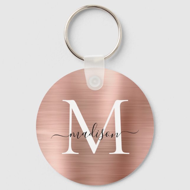 Pink Rose Gold Brushed Metal Girly Script Monogram Keychain (Front)