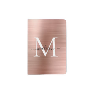 Pink Rose Gold Brushed Metal Girly Script Monogram Passport Holder
