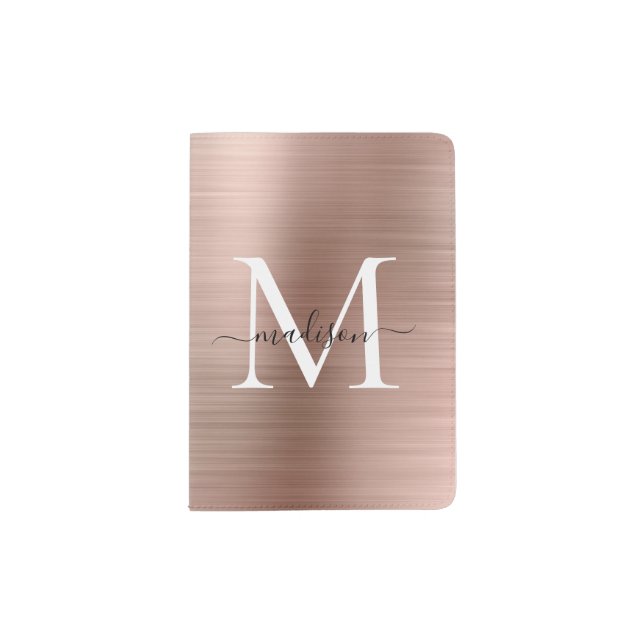 Pink Rose Gold Brushed Metal Girly Script Monogram Passport Holder (Front)
