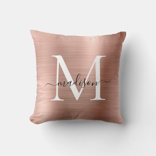 Pink Rose Gold Brushed Metal Girly Script Monogram Throw Pillow