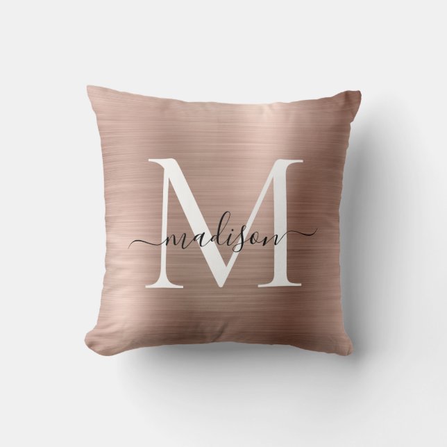 Pink Rose Gold Brushed Metal Girly Script Monogram Throw Pillow (Front)