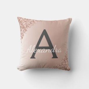 Pink Rose Gold Brushed Metal Girly Script Monogram Throw Pillow